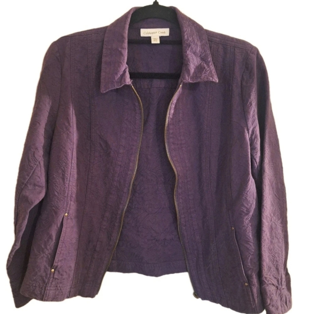 Coldwater Creek Sz P 12 Purple Jacquard Zipper Long Sleeve Jacket Grandma Core